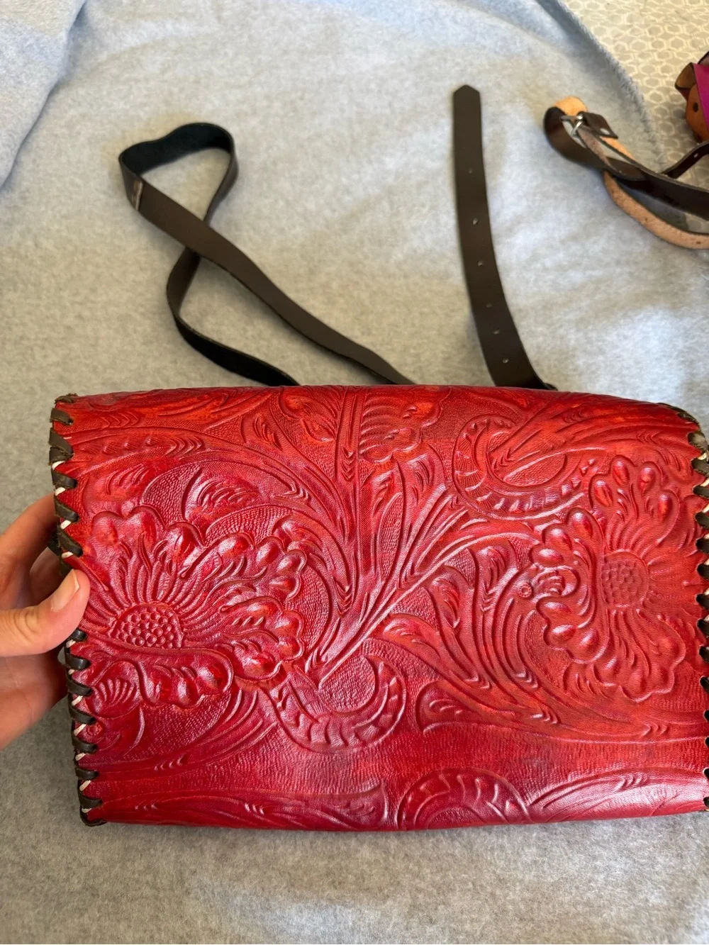 Red Tooled Leather Crossbody Bag with Braided Trim - Picture 6 of 6